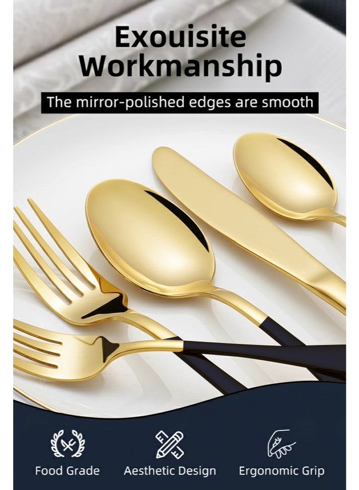 30 قطعة مجموعة أدوات مائدة من الفولاذ المقاوم للصدأ، مجموعة أدوات المطبخ، أطباق غربية خالية من الملمس السطحي، مناسبة للمطبخ المنزلي أو المطعم، أسود ذهبي - Image 3